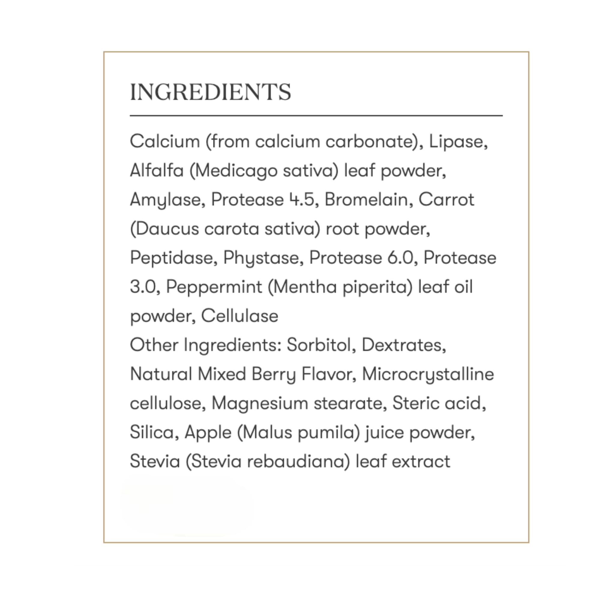Nutrition facts panel for MightyZyme chewables