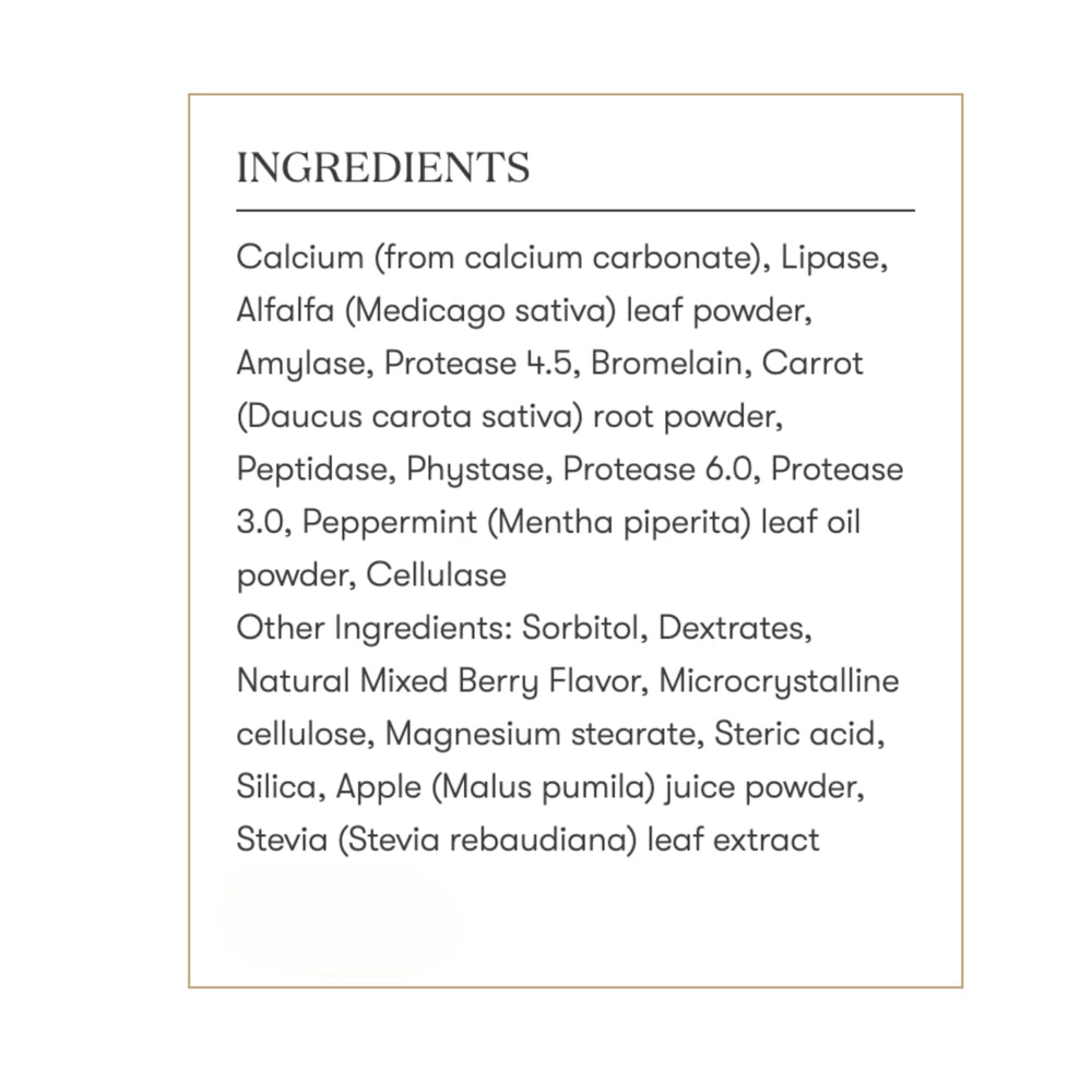 Nutrition facts panel for MightyZyme chewables