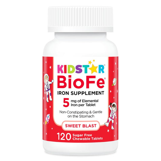 KidStar BioFe Pure Iron Chewables bottle label showing 5 mg iron per chewable