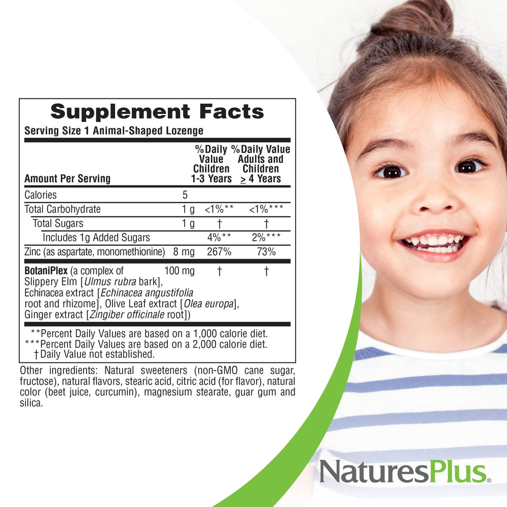 Label showing ingredients and nutrition for KidZinc Tangerine
