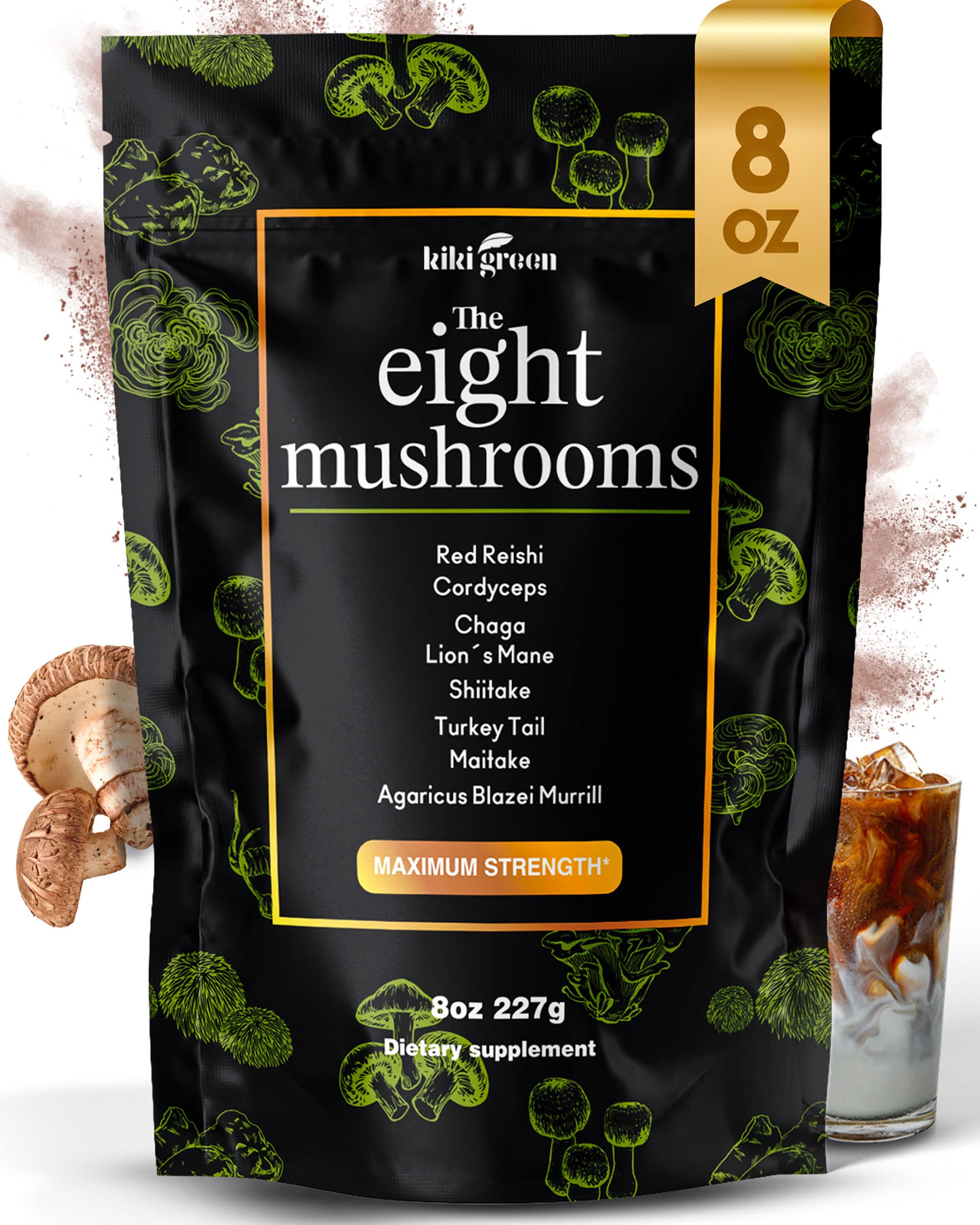 KIKI Green 8-Mushroom Powder Extract bottle front label