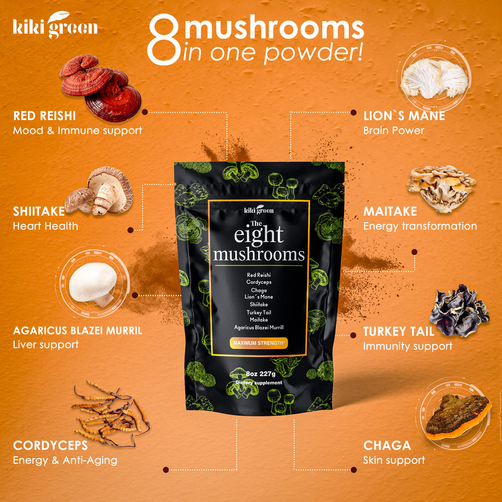 Close-up of label showing the 8-mushroom blend ingredients