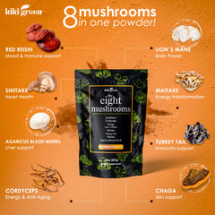 Close-up of label showing the 8-mushroom blend ingredients