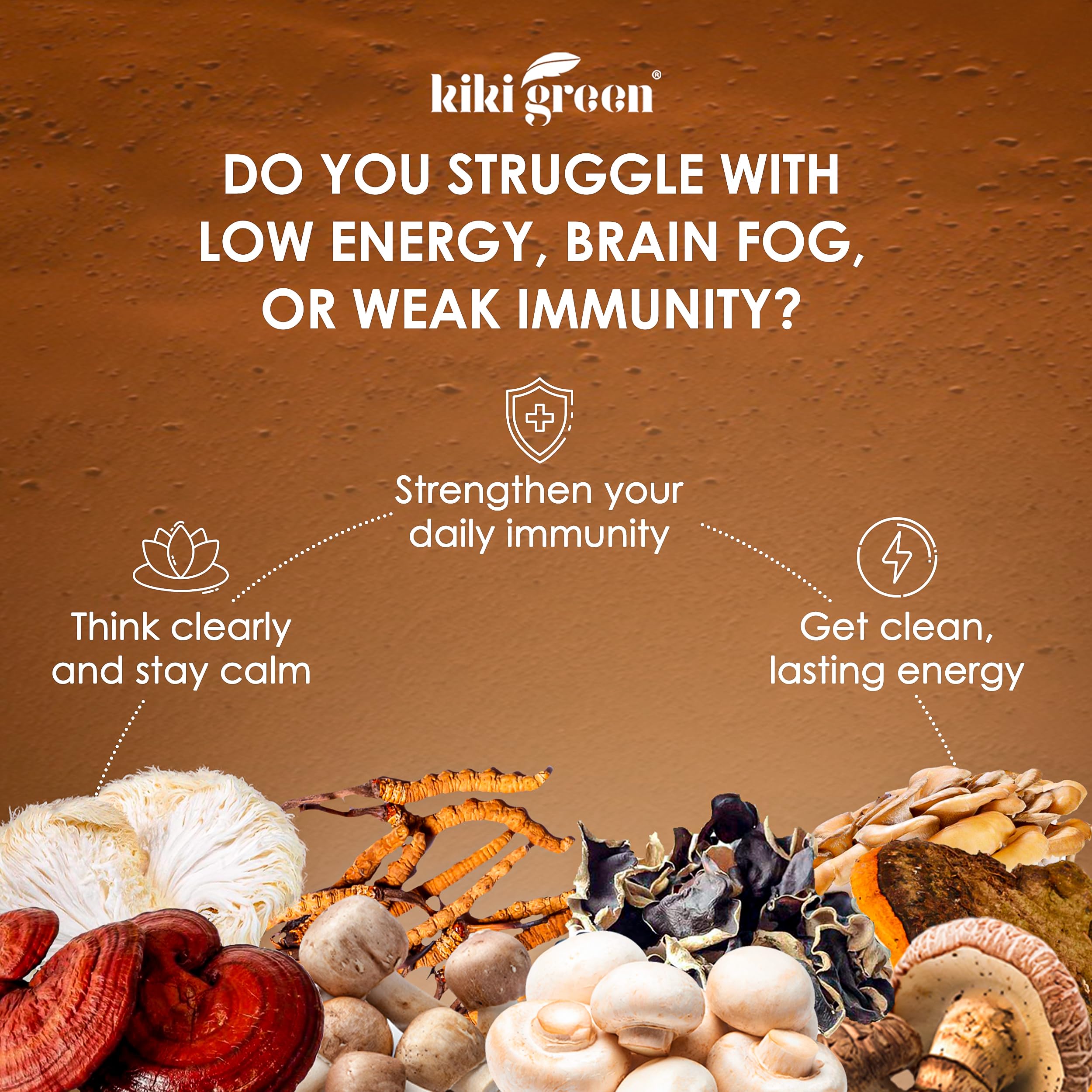 KIKI Green 8 Mushrooms on a desk setup, signaling easy daily use.