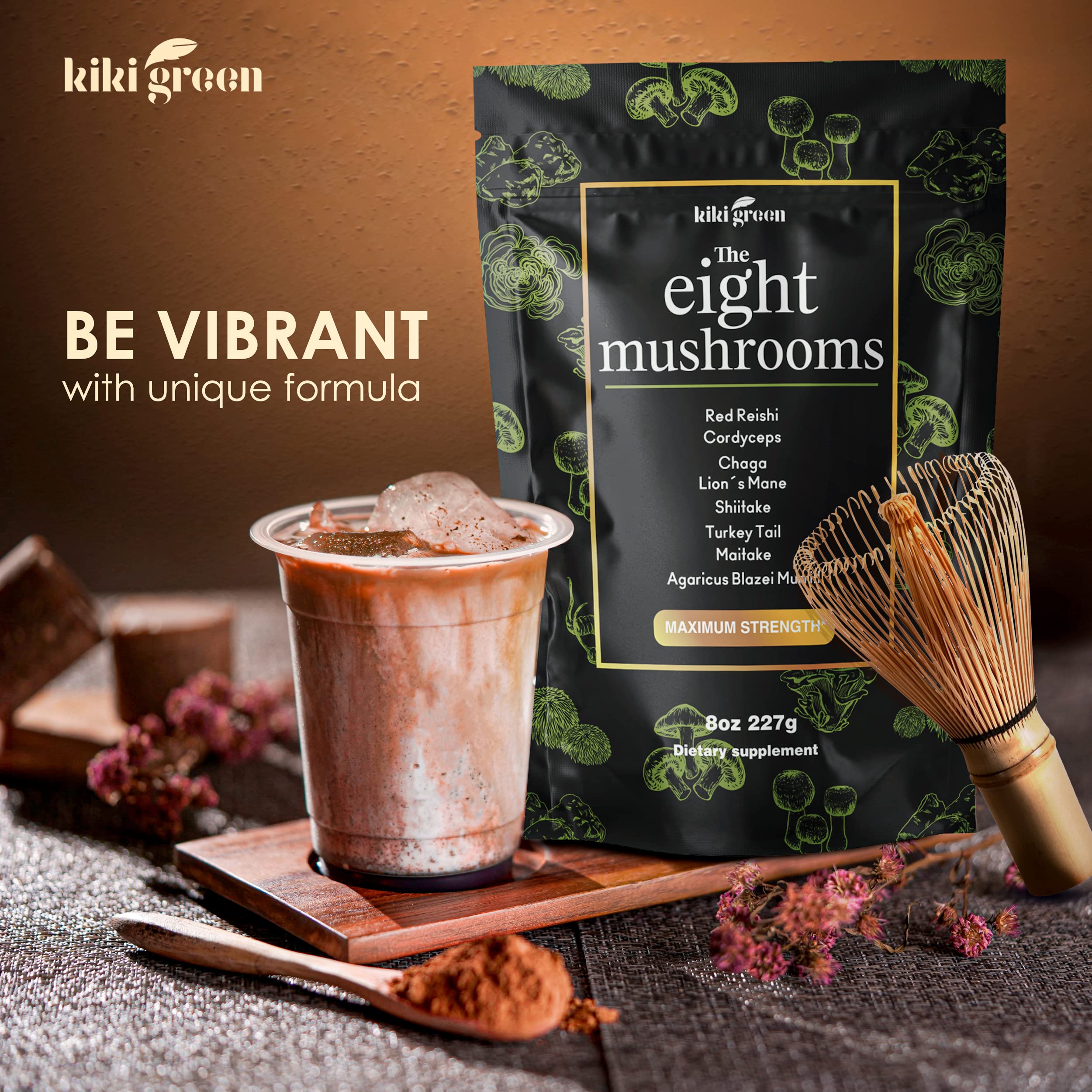 KIKI Green 8 Mushrooms ingredients display with cordyceps and shiitake, emphasizing variety.