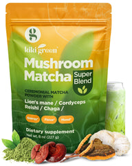 Packaging of KIKI Green Mushroom Matcha Super Blend 8 oz container