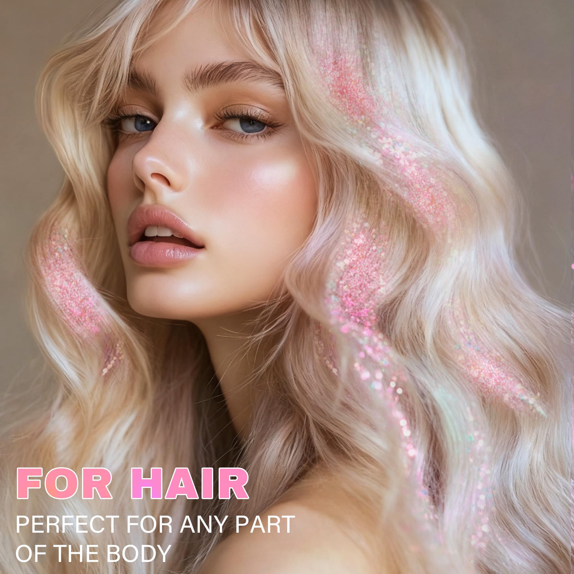 KIMIEYE glitter on hair and face for creative, flexible looks.