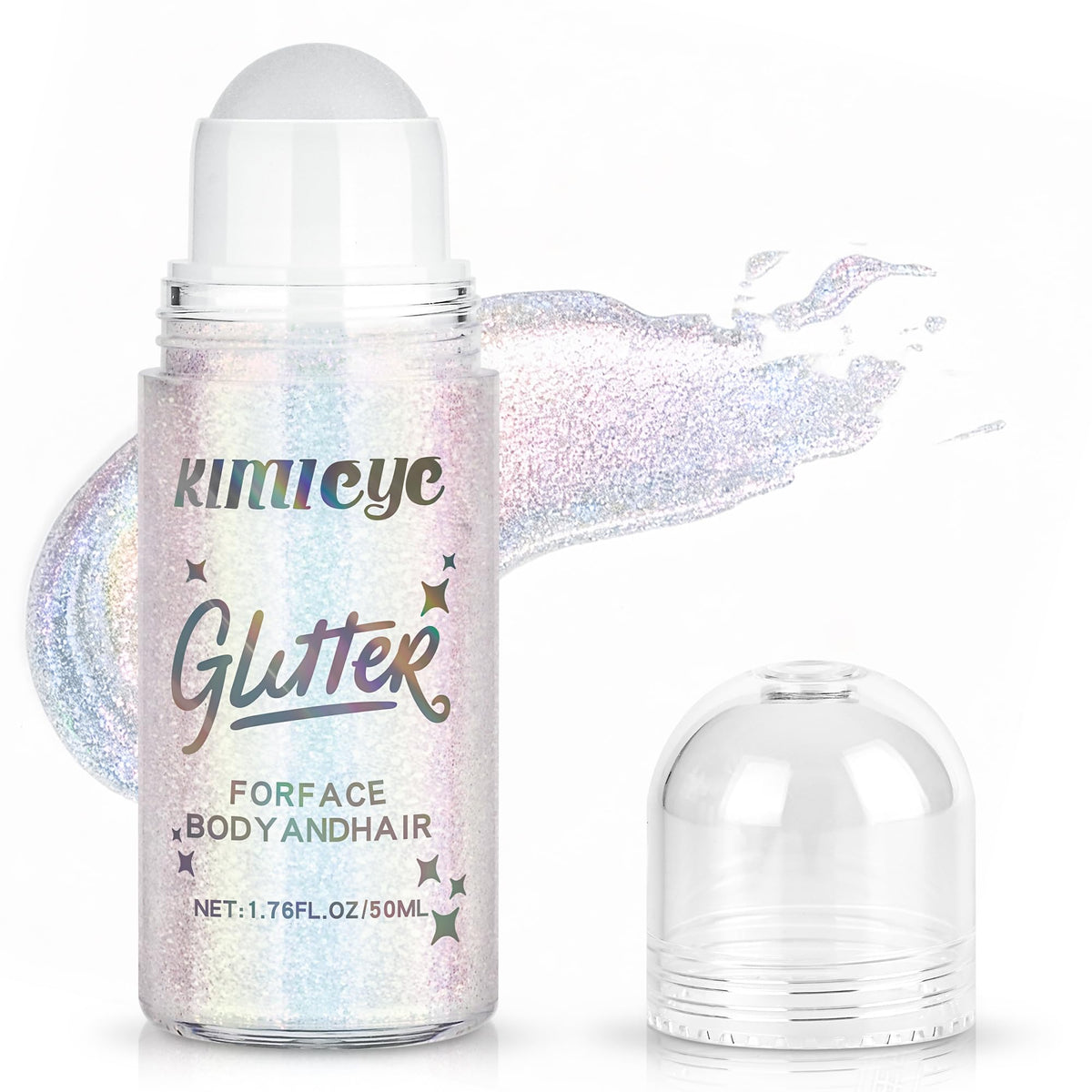 KIMIEYE roll-on glitter gel bottle close-up showing rich color options for bold looks