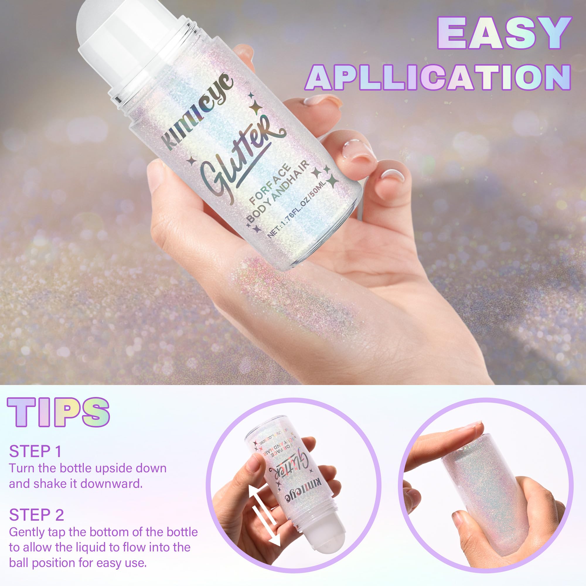 KIMIEYE glitter gel on face for precise roll-on application with clean transfer-free use