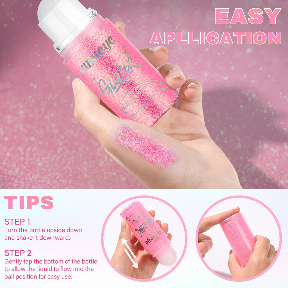 KIMIEYE roll-on applies glitter to face and body for versatile glow.