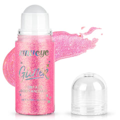 KIMIEYE roll-on glitter bottle close-up in pink shows easy precise shimmer.