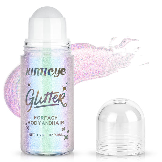 KIMIEYE roll-on glitter gel on face and body with pink holographic shimmer.