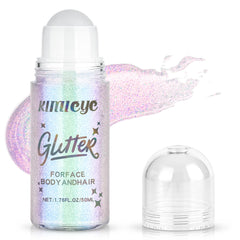 KIMIEYE roll-on glitter gel on face and body with pink holographic shimmer.