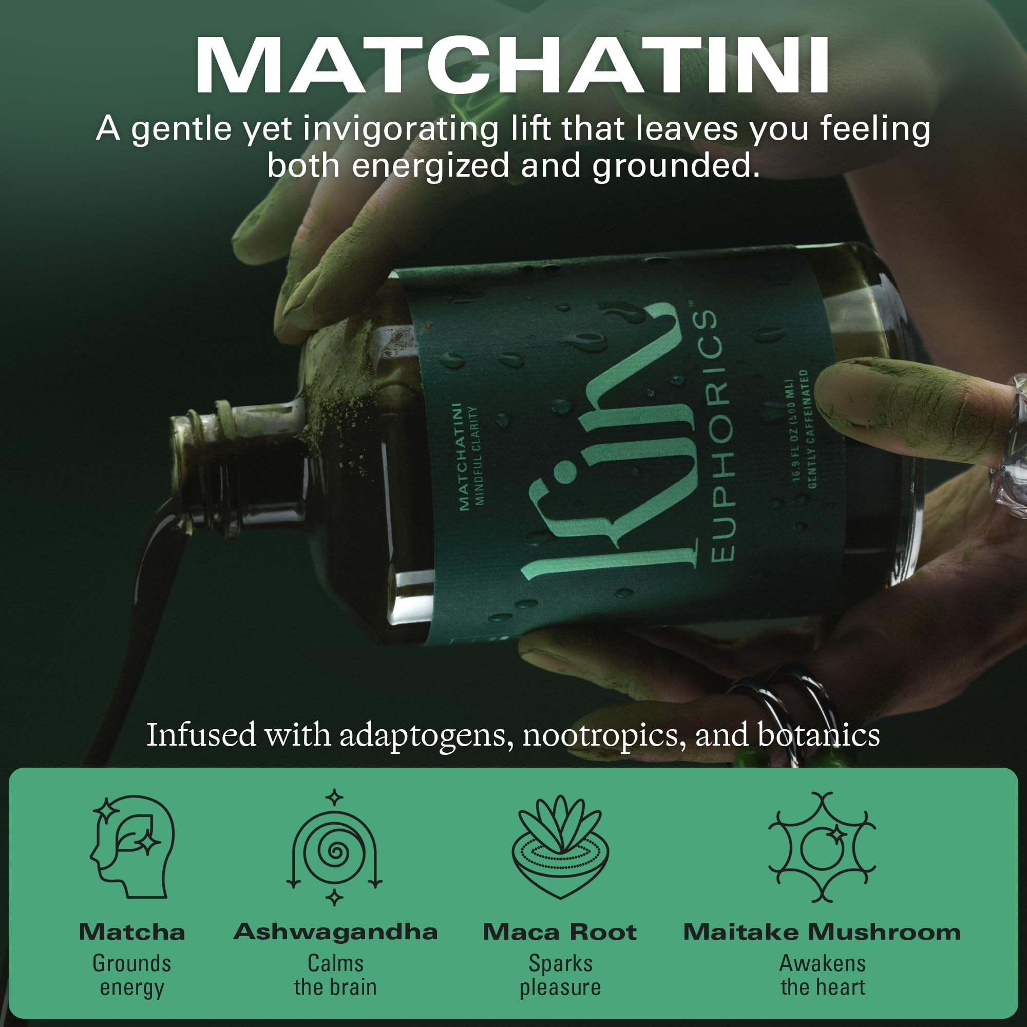 Pouring Kin Euphorics Matchatini into a glass