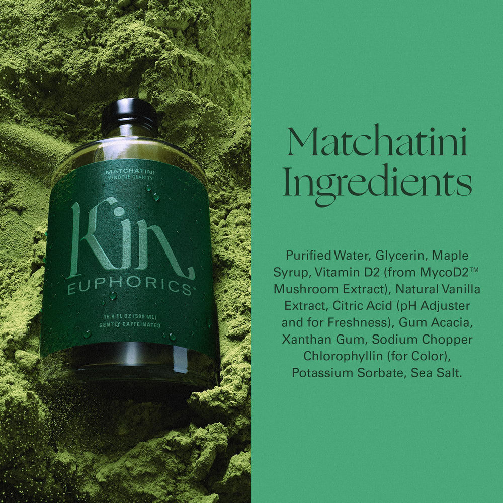 Vegan, dairy-free labeled Kin Euphorics Matchatini bottle