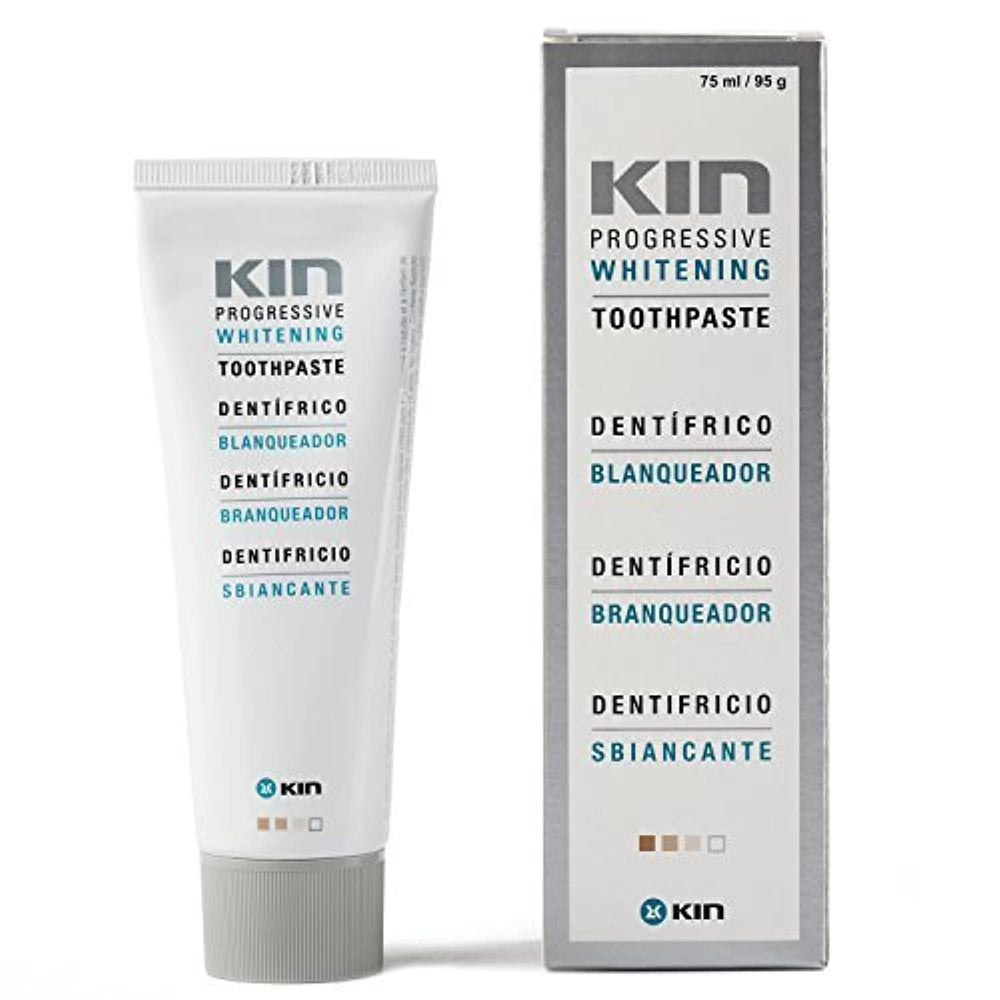 Kin Whitening Toothpaste 75m tube with toothbrush showing whitening formula