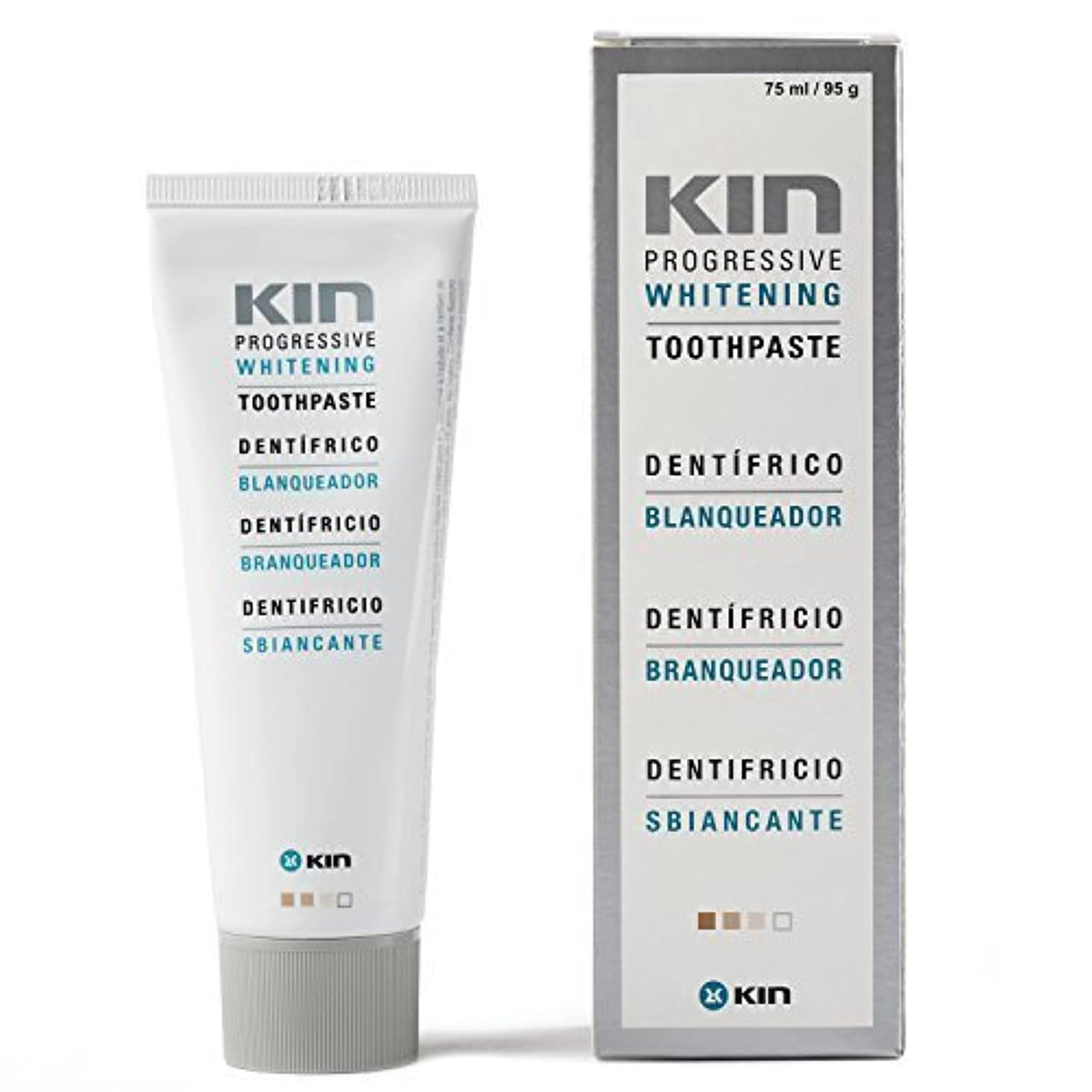 Kin Whitening Toothpaste 75m tube with toothbrush showing whitening formula