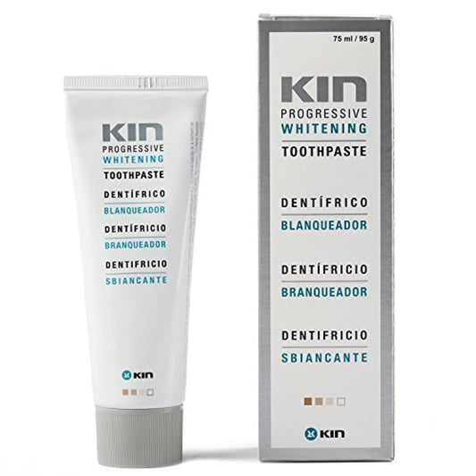 Kin Whitening Toothpaste 75m tube with toothbrush showing whitening formula