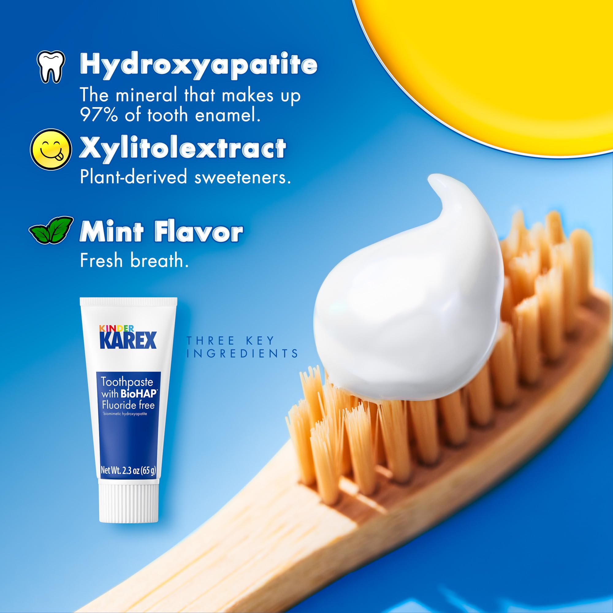 Kid smiling while using Kinder Karex toothpaste with mint flavor