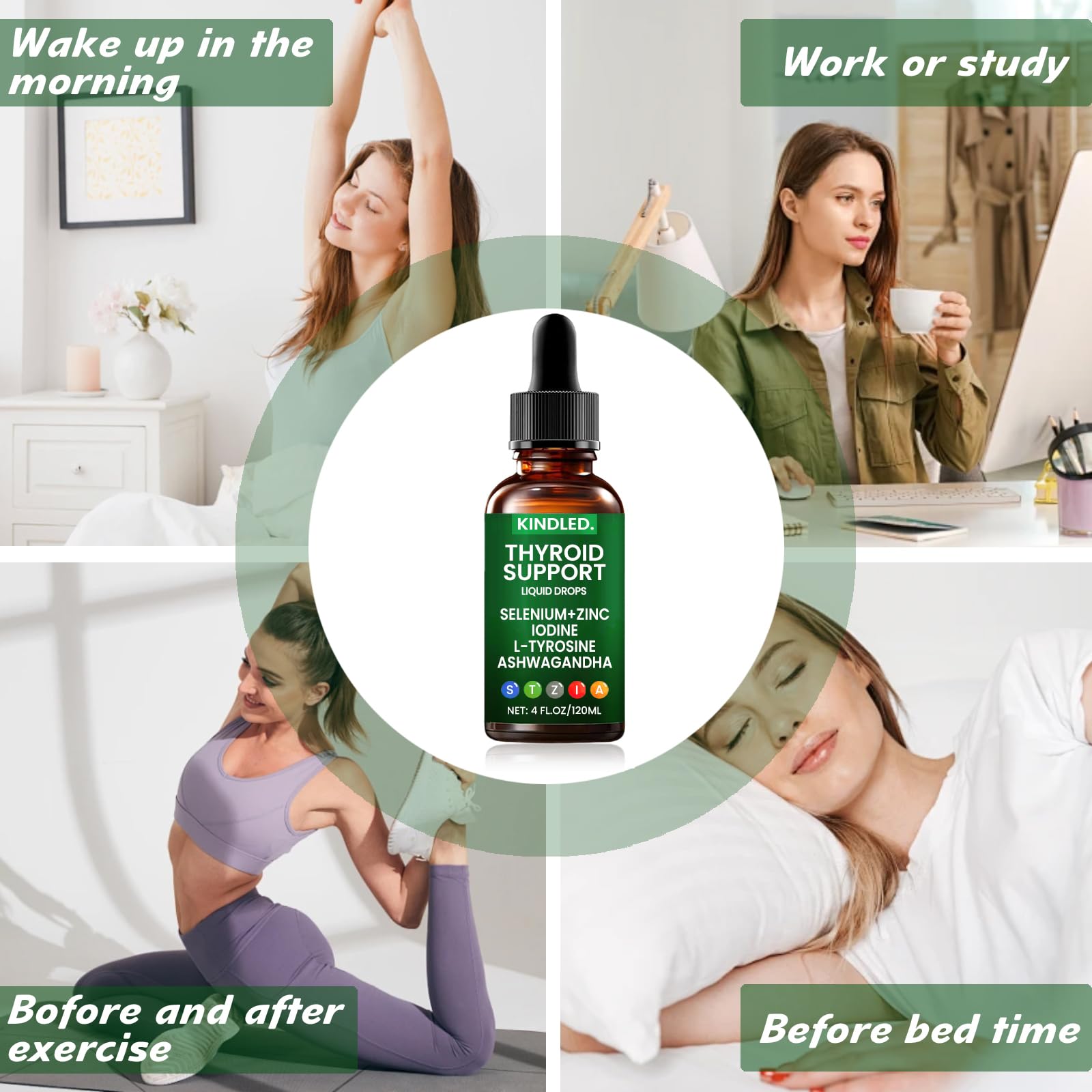 Illustration of ingredients for thyroid support: iodine, zinc, selenium, L-tyrosine, ashwagandha