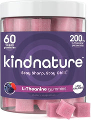 Kindnature L-Theanine Gummies bottle label – 200mg per gummy, vegan, mixed berry