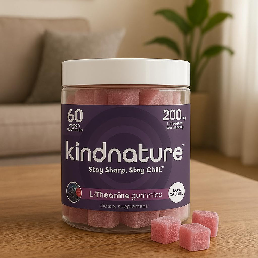Chewable L-Theanine gummies in mixed berry flavor, non-sticky