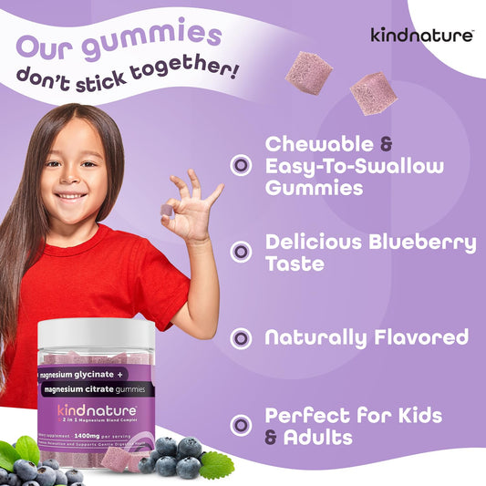Box and bottle of KINDNATURE magnesium gummies with blueberries