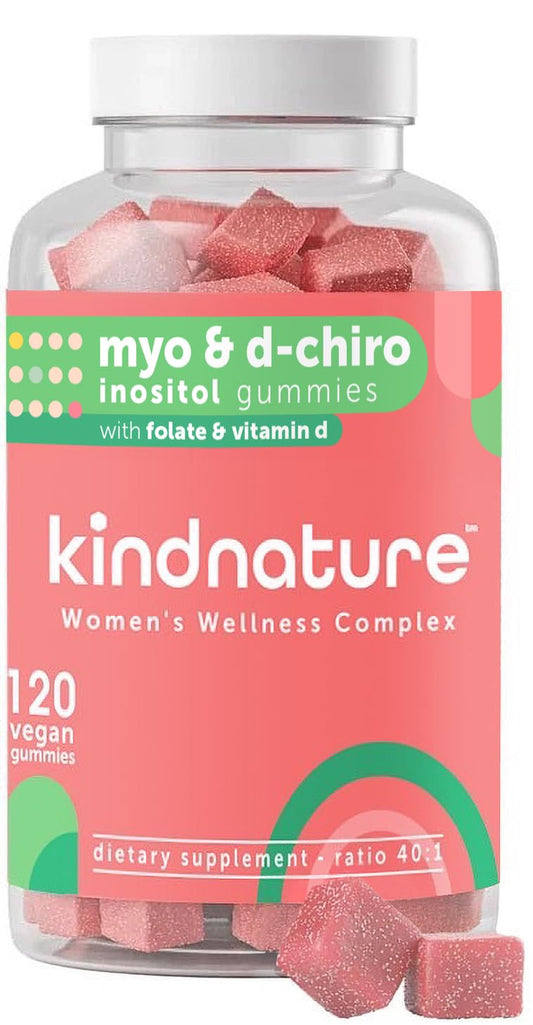 Front-facing bottle of kindnature Myo-Inositol & D-Chiro Inositol Gummies with Vitamin D & Folate