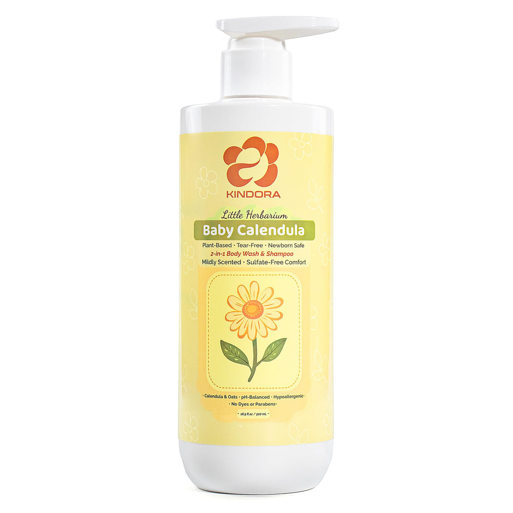 KINDORA 16.9 oz 2-in-1 Calendula & Oat Baby Shampoo & Body Wash bottle with pump