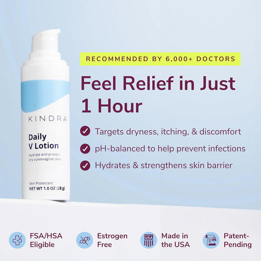 Kindra Daily V Lotion bottle back shows pH-balanced, sensitive-skin design