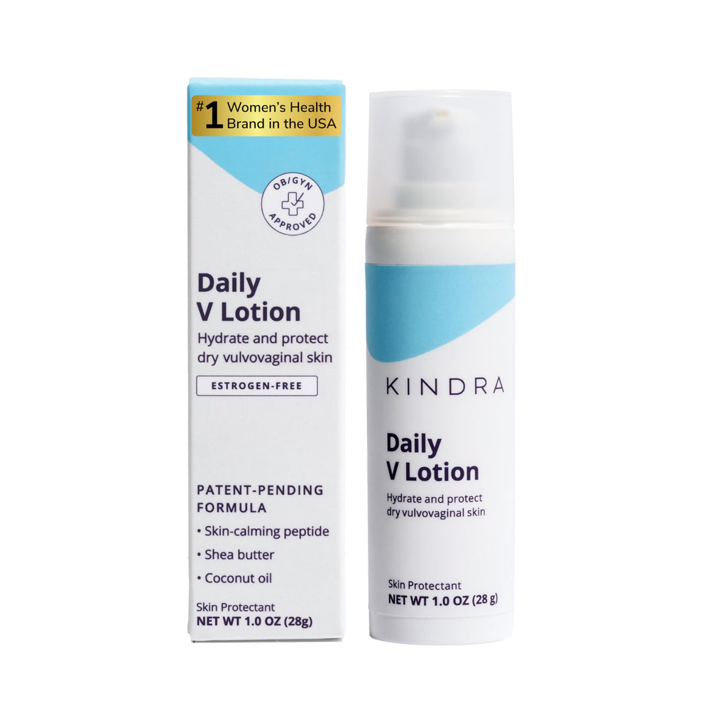 Kindra Daily V Lotion bottle front highlights hormone-free daily vaginal moisture