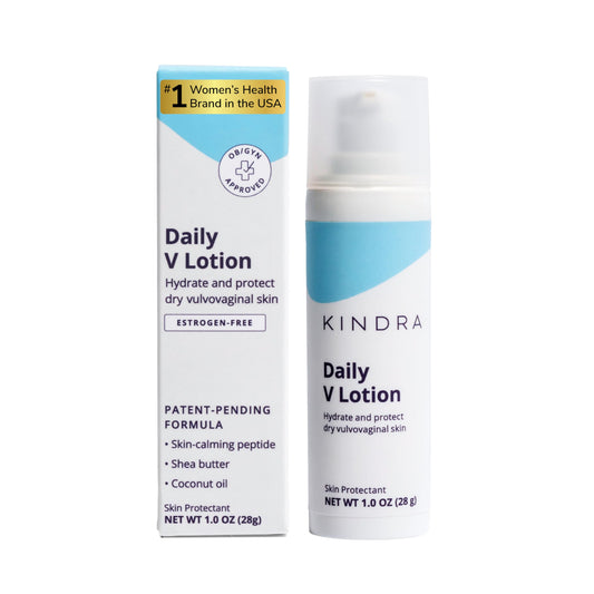 Kindra Daily V Lotion bottle front highlights hormone-free daily vaginal moisture