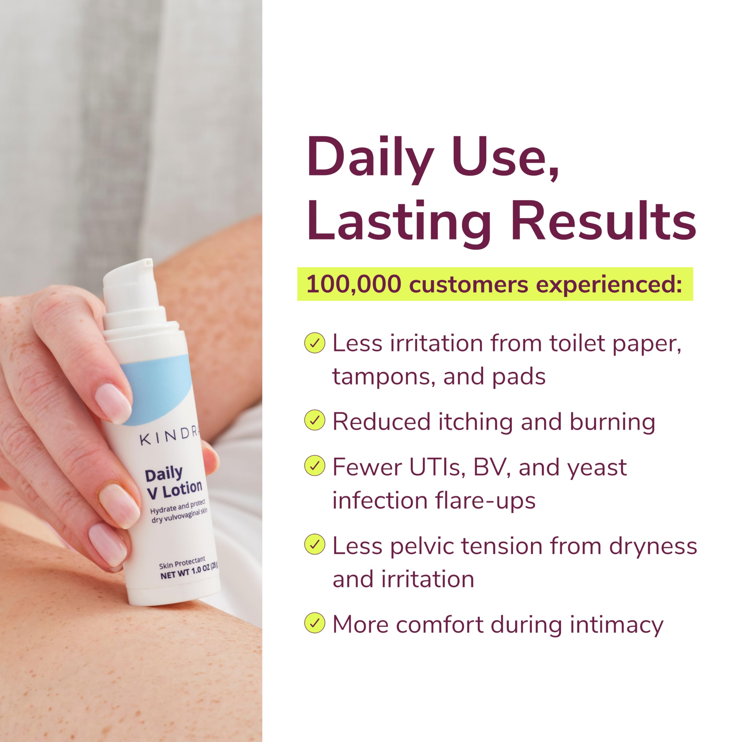 Kindra Daily V Moisturizer Lotion XL vial close-up showing clean packaging