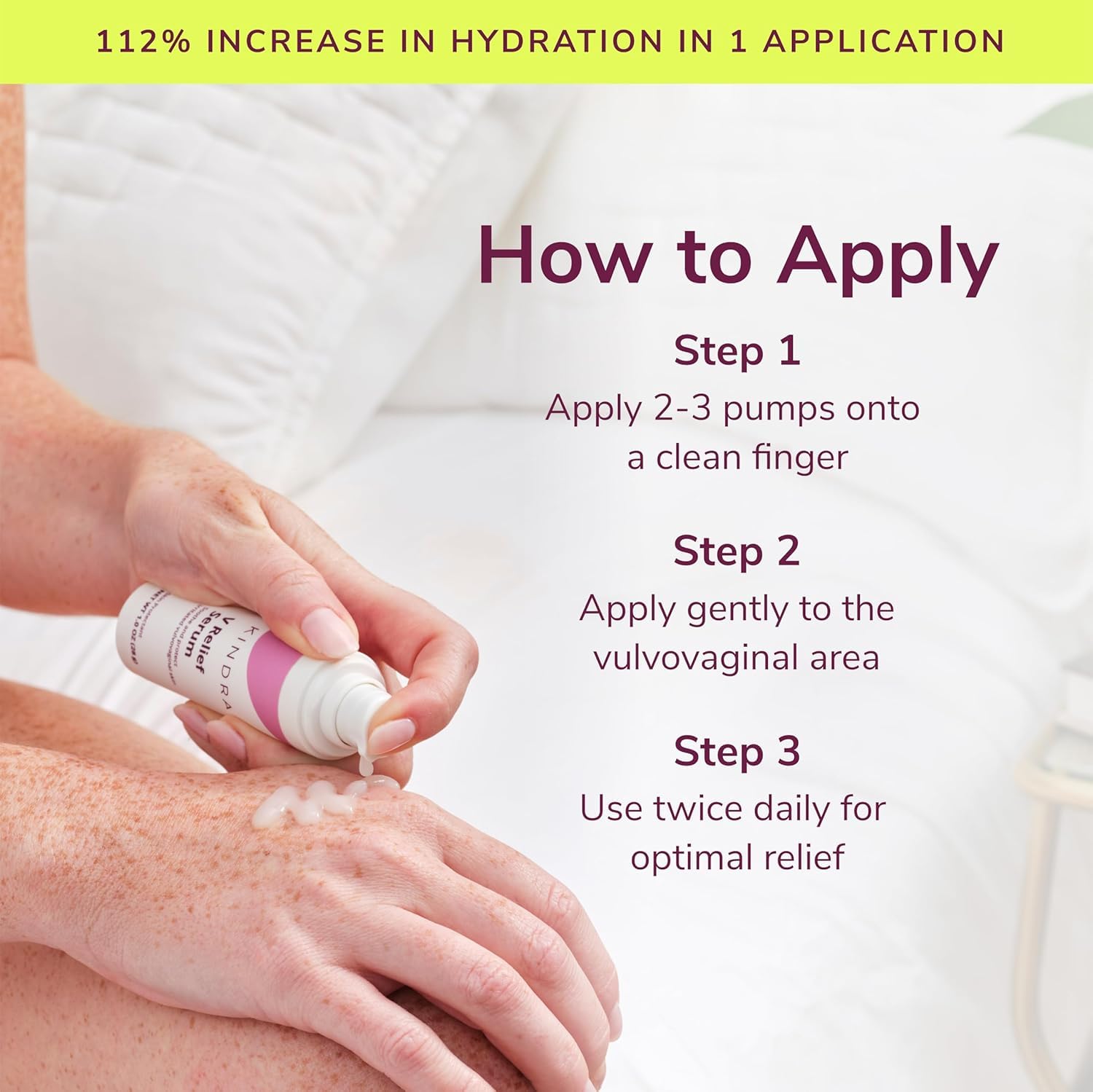 Kindra V Serum on vulvar skin shows gentle hydration and comfort.