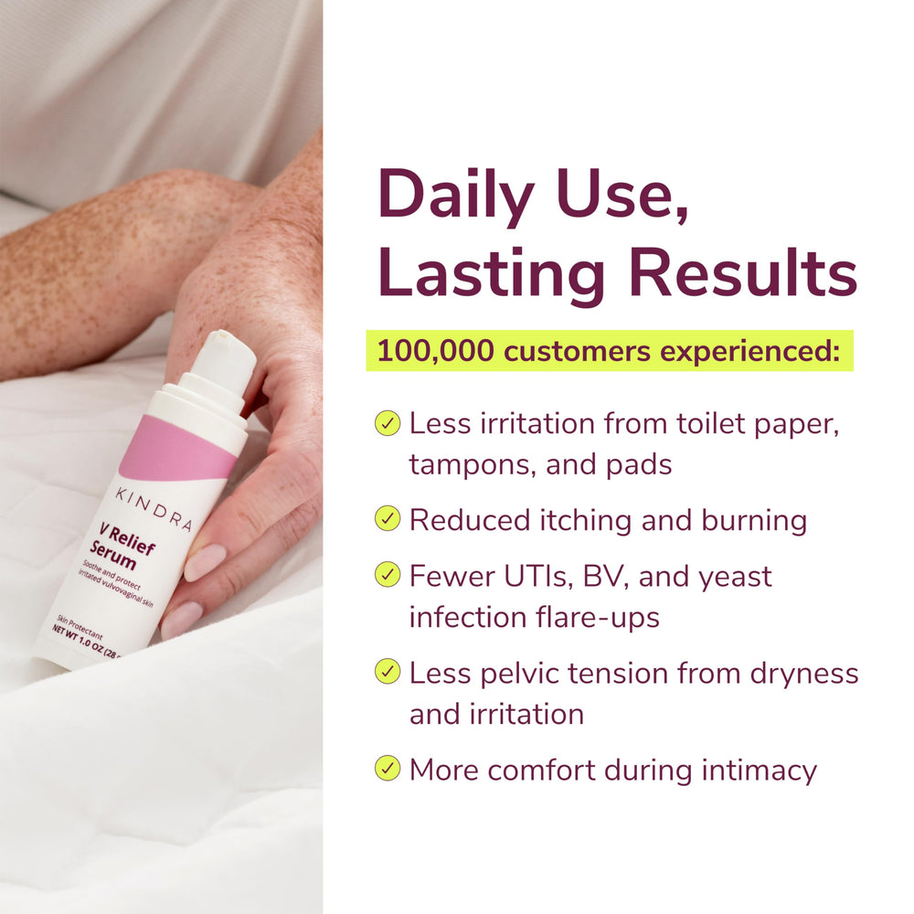Kindra V Serum in a bathroom scene signals discreet at-home use.