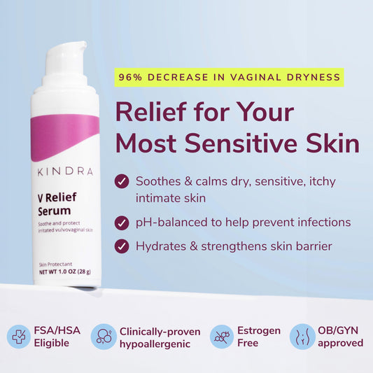 Kindra V Serum XL pump usage demonstrates a 2-3 pump application for soothing skin.