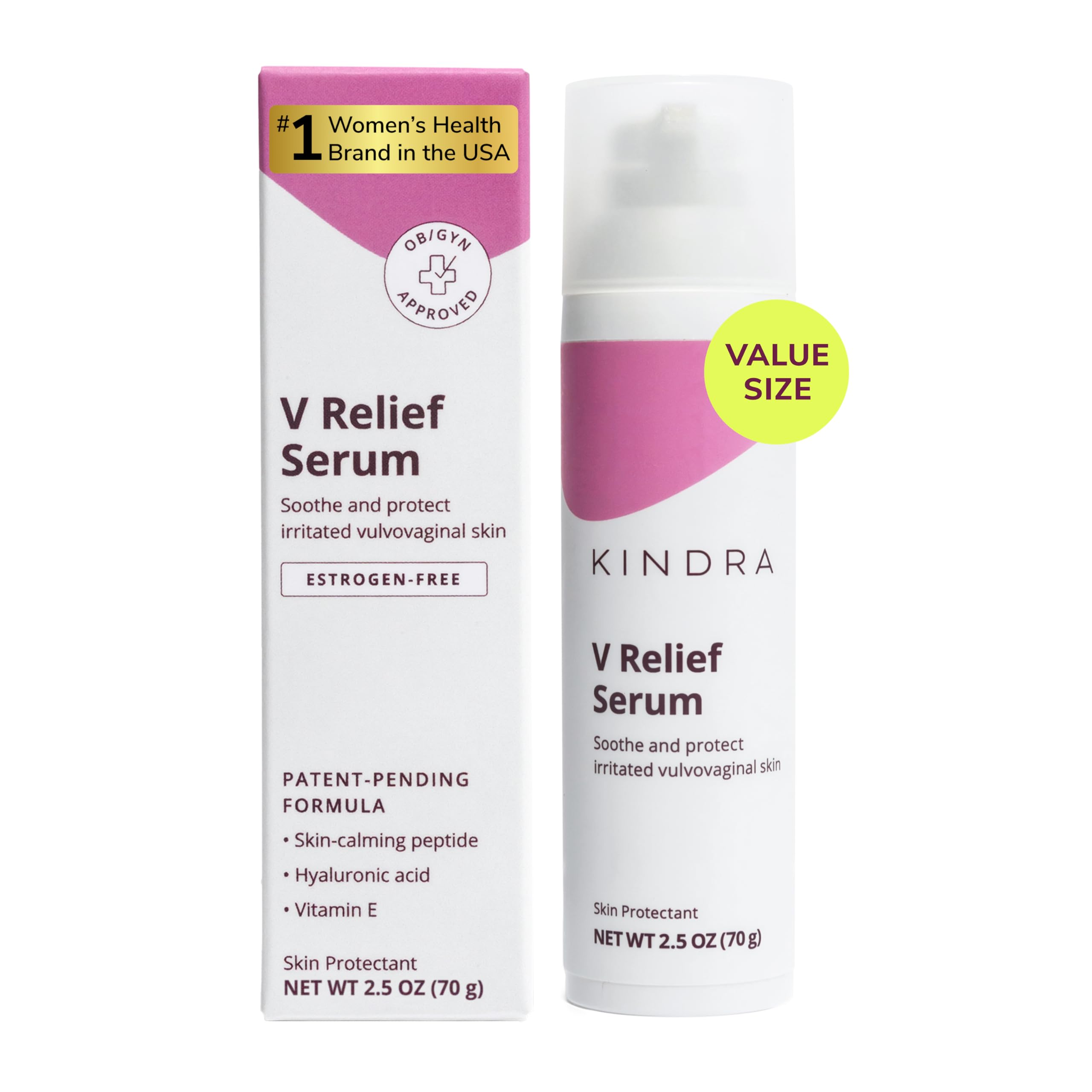 Kindra V Serum XL bottle showing relief-application for sensitive vulvar skin.