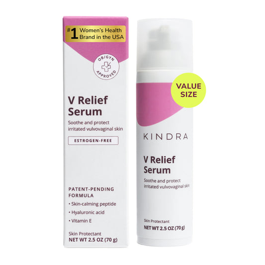 Kindra V Serum XL bottle showing relief-application for sensitive vulvar skin.