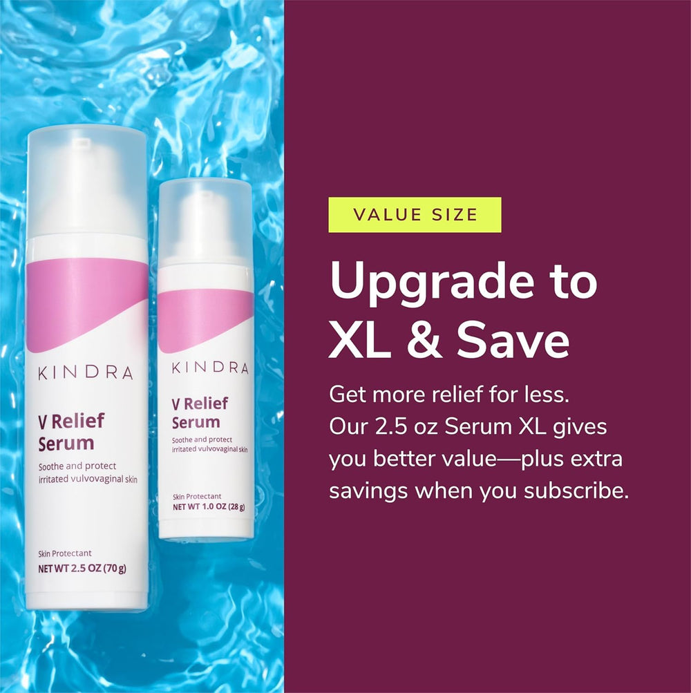 Kindra V Serum XL XL-size packaging for longer-lasting daily relief.