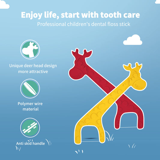 Colorful deer-shaped kids floss picks arranged for display