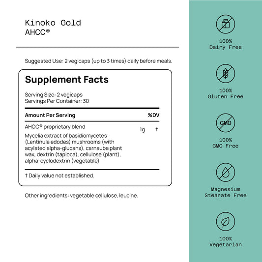 Kinoko Gold AHCC 500 mg capsules close-up