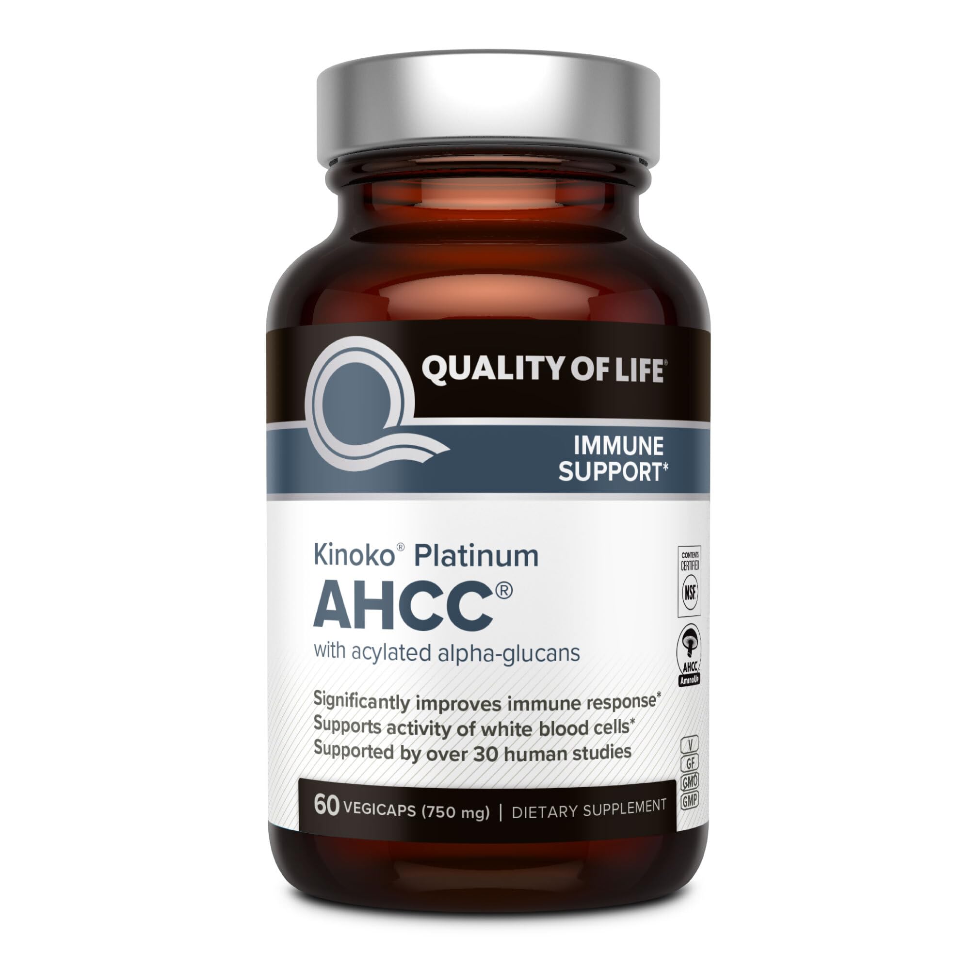 Kinoko Platinum AHCC 750mg bottle with label