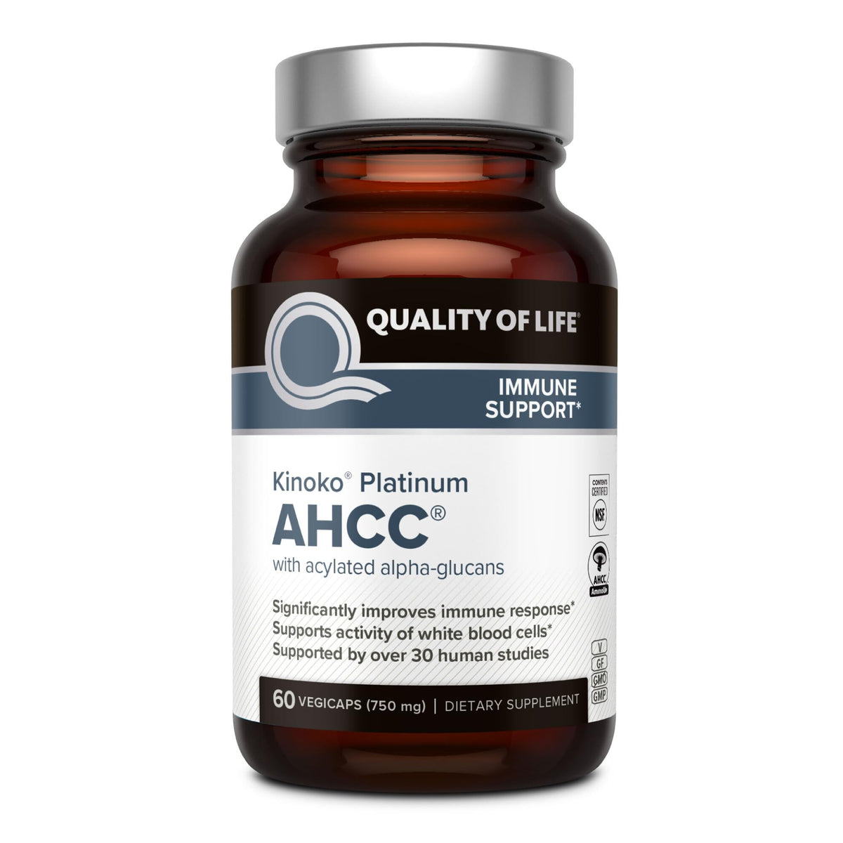 Kinoko Platinum AHCC 750mg bottle with label