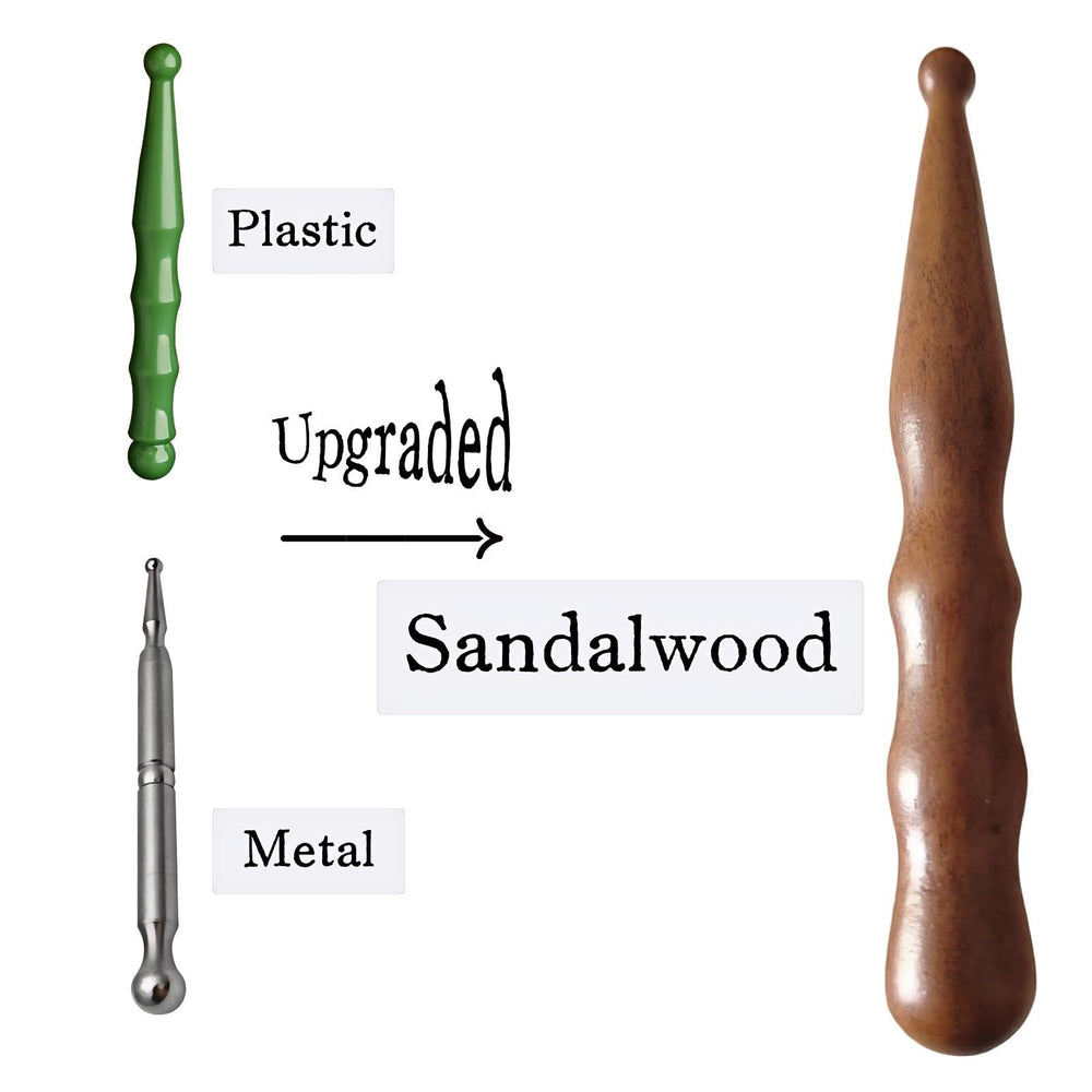 Close-up of sandalwood massage pen tip for precise acupoints