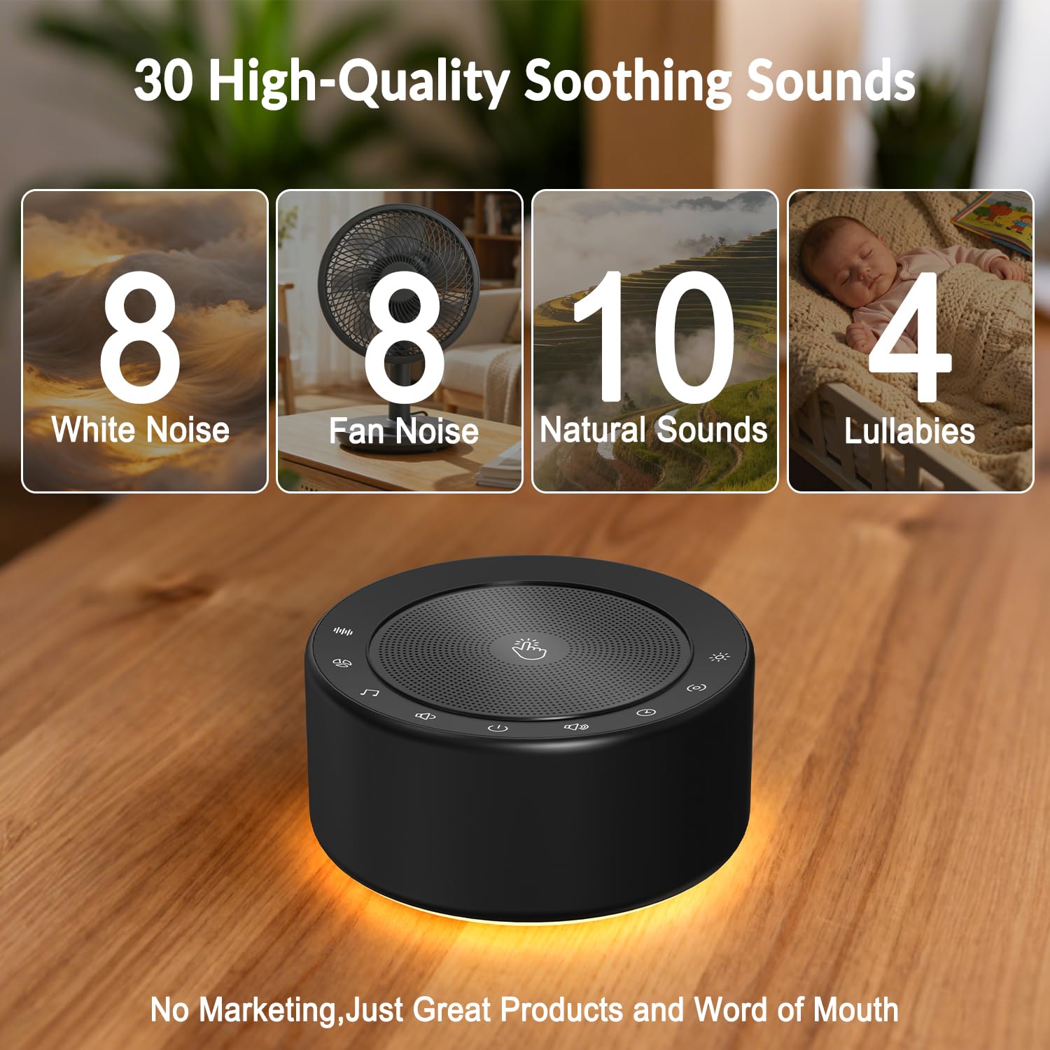 Kipcush sound machine front view with 30 soothing options