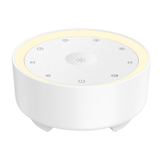 Kipcush White Noise Machine front view shows compact bedside design for baby sleep.