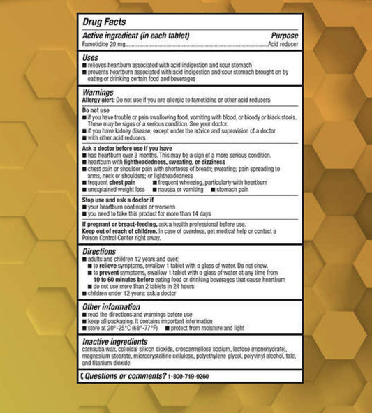 Kirkland Acid Controller bottle label highlighting 20 mg acid reducer for indigestion.