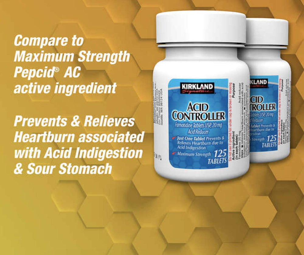 Kirkland Acid Controller two bottles shown for convenient ongoing heartburn support.