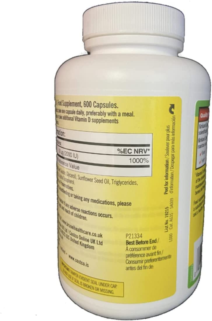 Kirkland Vitamin D3 2000 IU bottle side view