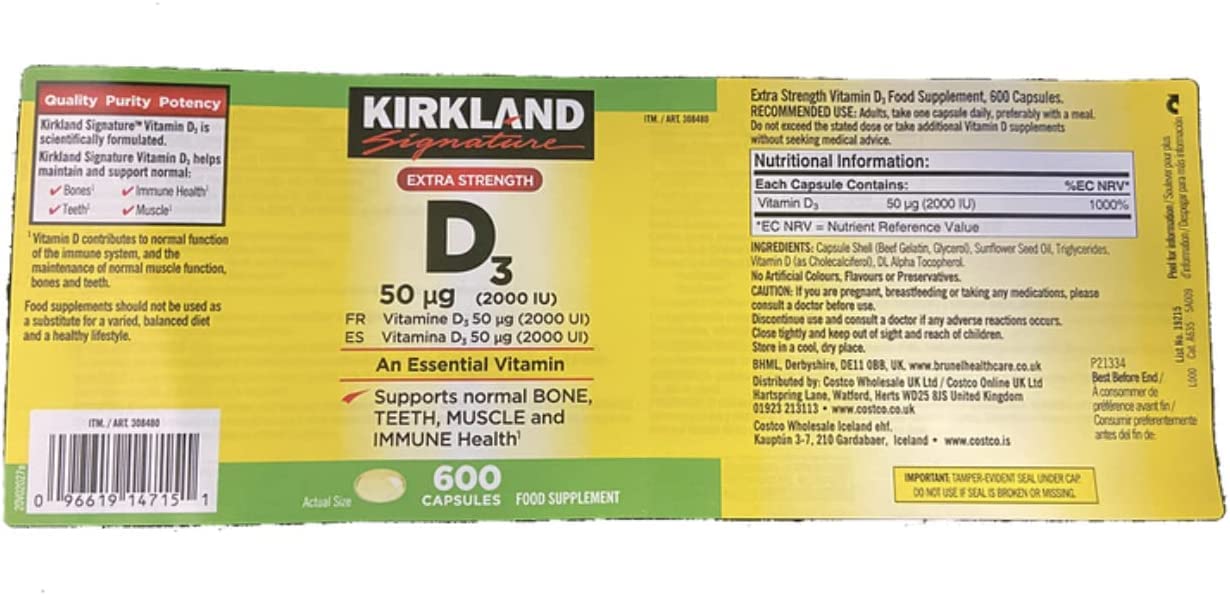 Pack shot of Kirkland Vitamin D3 2000 IU softgels (two bottles)